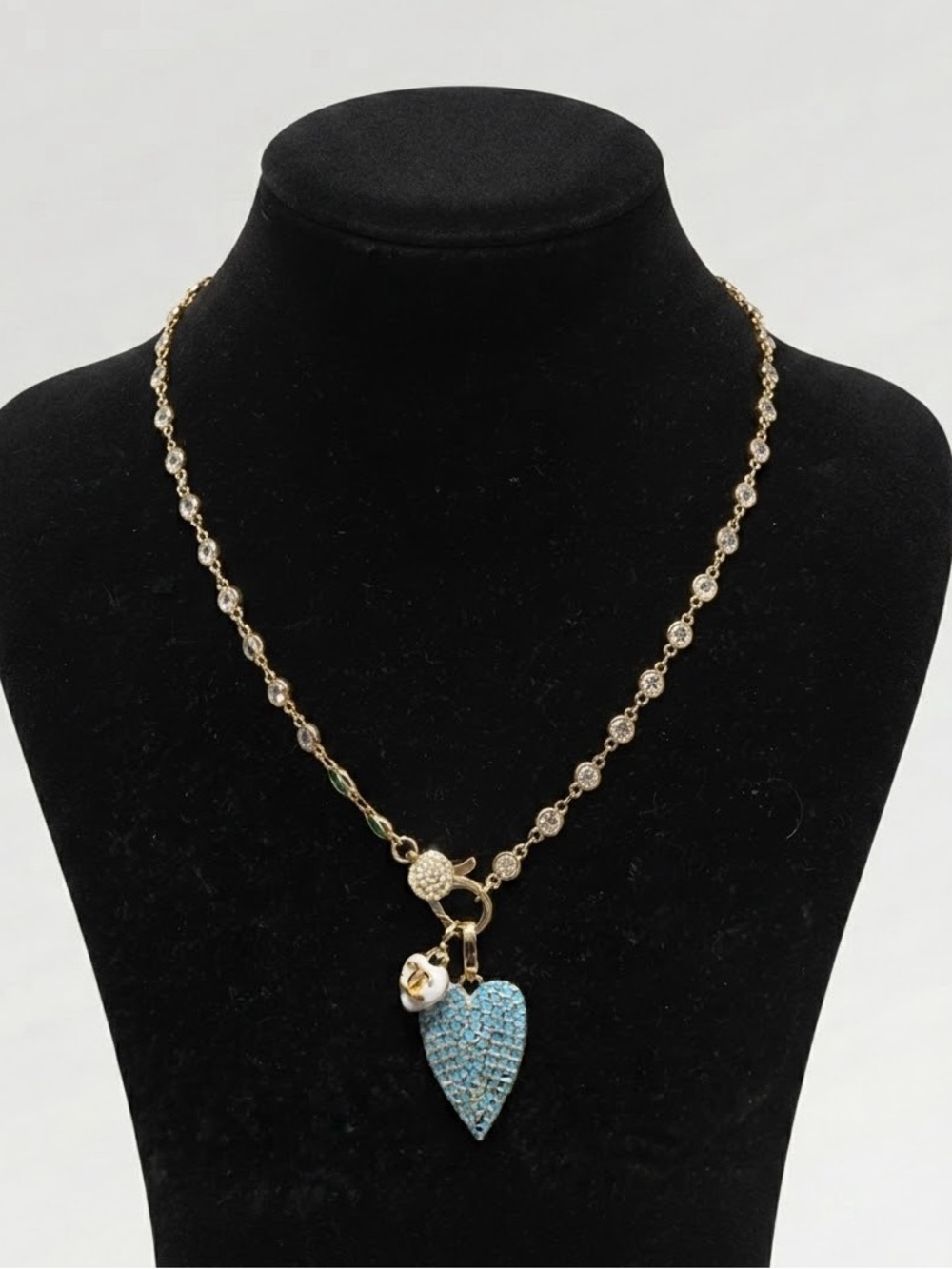 Gold-Tone Necklace with Turquoise Pave Heart Pendant and CC small heart Charm